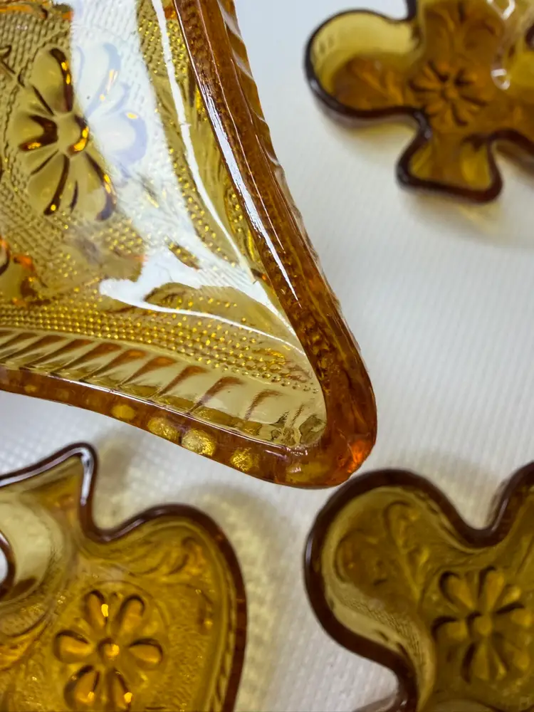 Tiara Indiana Glass Amber Sandwich Bridge Set Candy Nut Ashtrays Mini Trays