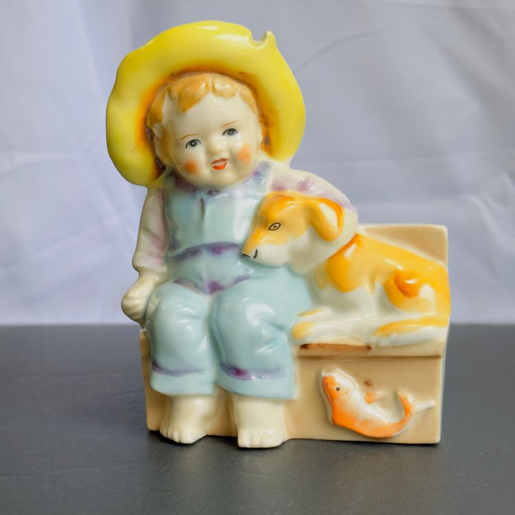 #1327 vintage, 1950's, Japan, Porcelain, Planter, Bou, Dog & Fish, Vivid Colors Some Crazing