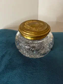 Vintage Pressed Cut Glass Ornate Brass Lid Vanity Jar