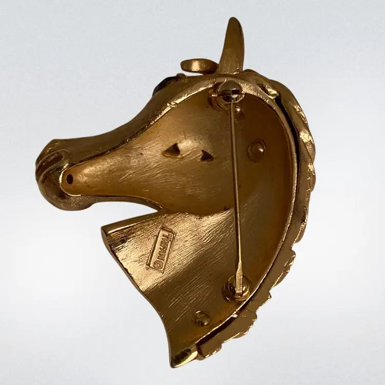 Vintage Crown Trifari Gold Horse Head Blue Rhinestones Eyes Figural Brooch