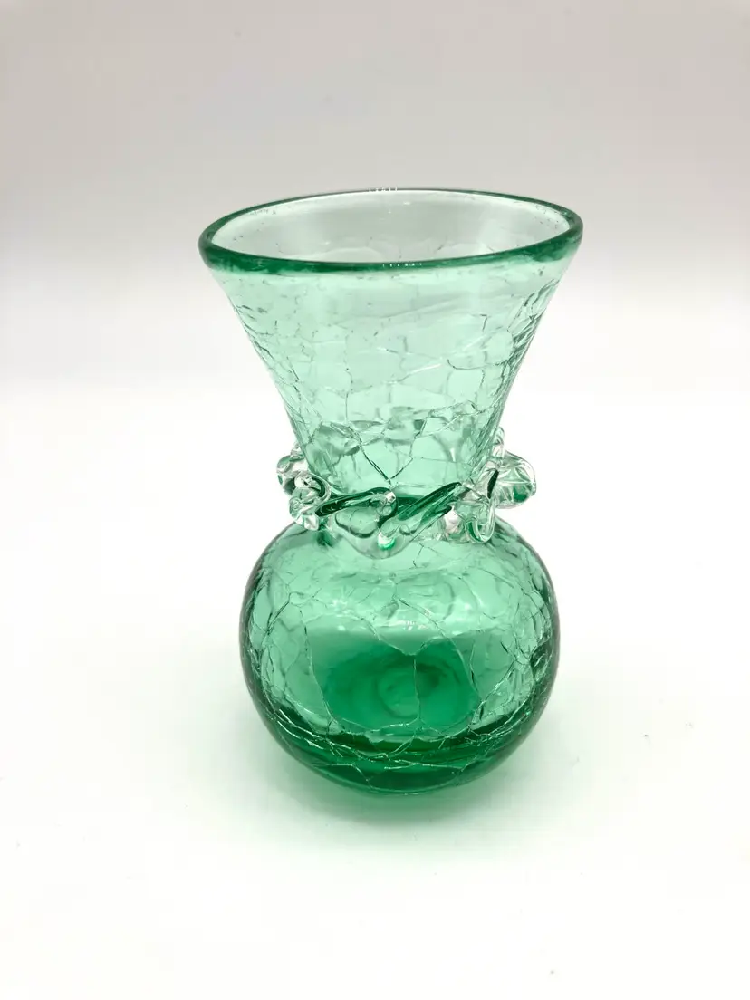 BIN - Small Vintage Green Crackle Glass Vase With Applied Clear Wave 3.75”