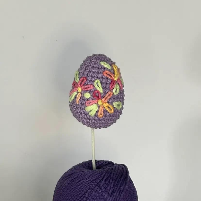 Crochet- Lt. Purple Egg w/Pink Variegated Flowers - Crochet Easter Eggs with Embroidered Flowers