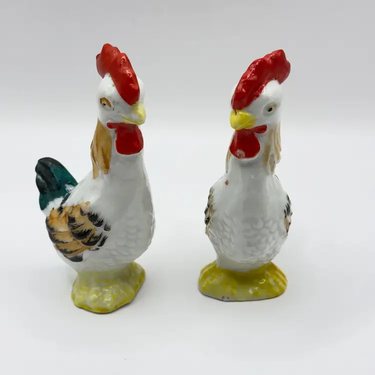 Vintage1950’s  Rooster Figurine, Set of 2, Hand-painted Colorful Ceramic Farmhouse Decor, Unbranded, Made in Japan