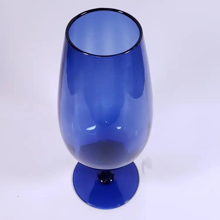 Vintage MCM Empoli Style Dark Blue Paneled Optic Glass Footed BRANDY SNIFTER