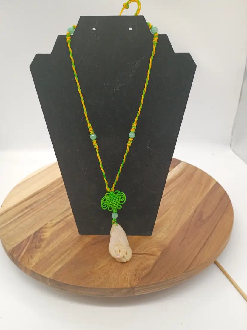 2 " Hand Carved Chinese Nephrite Jade Buddha's Hand Pendant On 24 " multicolored Knotted Cord