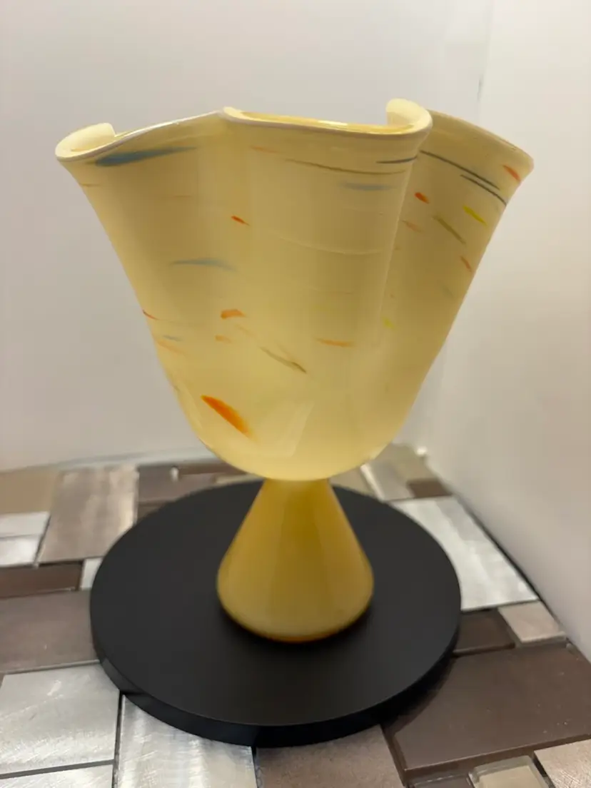 Vintage Hand blown Yellow color swirl incased white Glass Vase