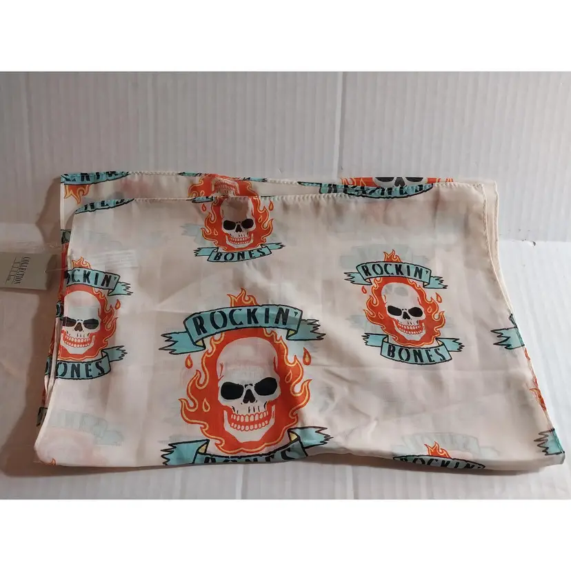 Vintage Collection 18 Silk Scarf, Flaming Skulls Rockin' Bones,  70"x13" Was a Sample piece. Scarce!