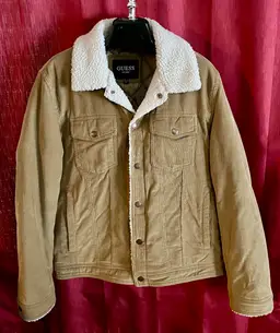 Guess Sz MEDIUM Mens Brown Corduroy Sherpa Collar Metal Snap Bomber Coat Jacket