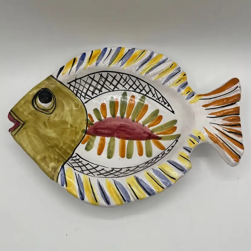 Thrift Store Find - Hand Painted Clay Ceramic Terracotta Fish Dish Plate Bowl - Unsigned