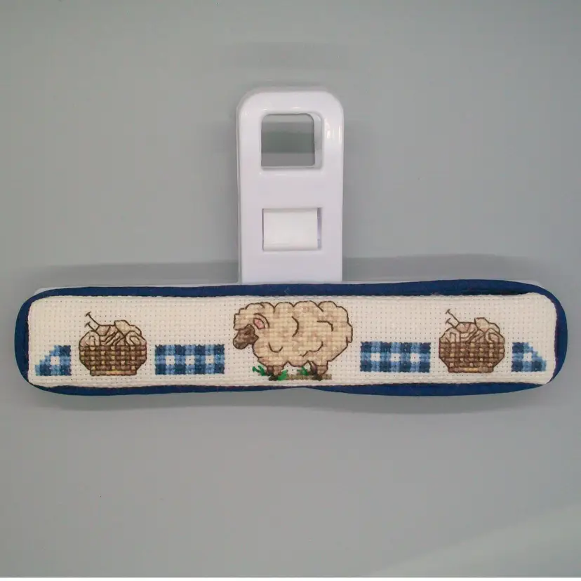 Cross Stitch Lamb Ewe Sheep Basket of Yarn Novelty Chip/Bag Clip-Note Holder Farmhouse Country Core