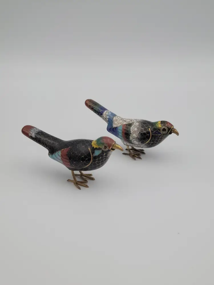 Pair Cloisonne Enamel Birds Miniature Figurines