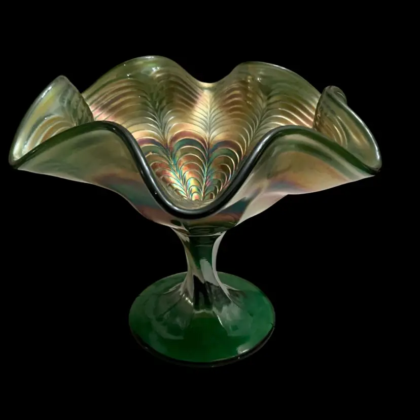 Fenton Green Carnival Glass Peacock Tail Compote/Candy Dish 4.75” x 5.5”