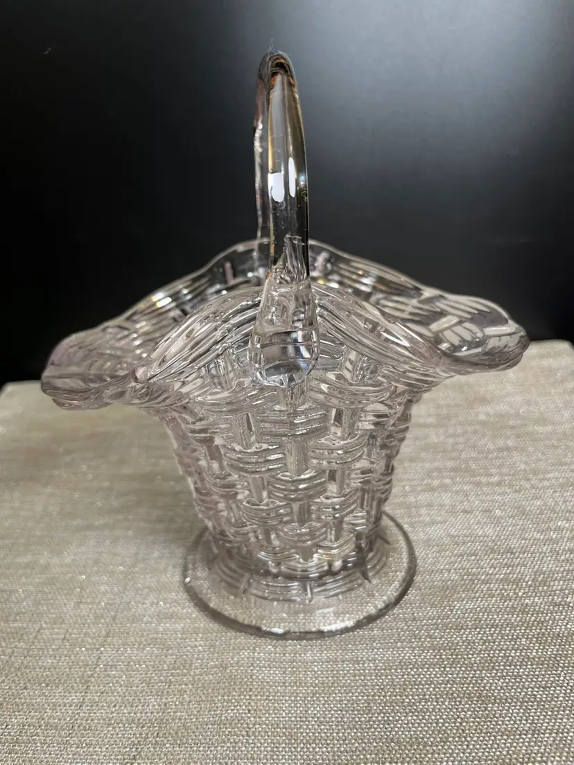 Duncan Vintage Clear Glass Bride's Basket-Basket Weave Design, with Flared, Ruffled Rim and a Single, Solid Handle. Is UV Reactive
