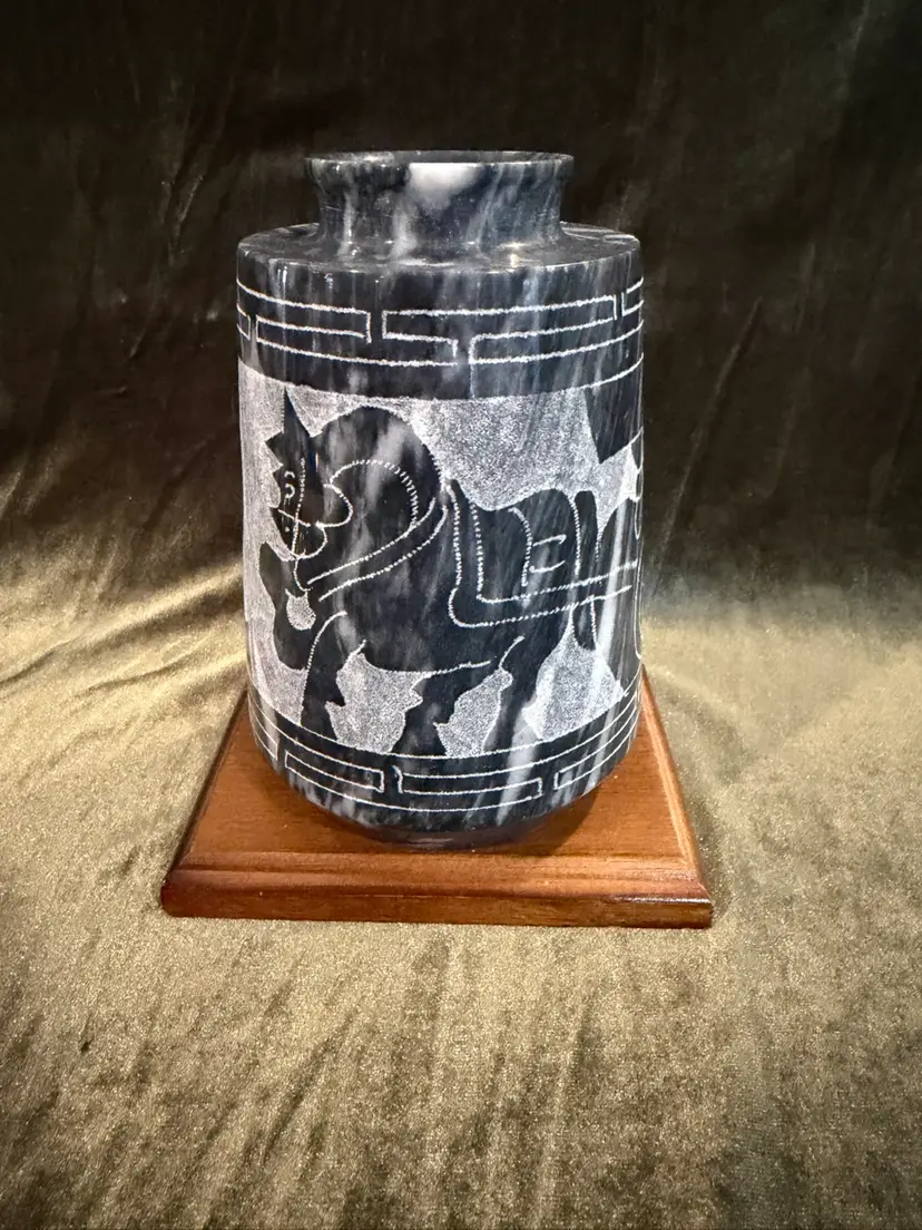 Vintage Etched Marbled Stone Horse Vase crafted from marbled black and white stone, featuring an etched stylized horse motif and geometric fretwork borders.  It Is heavy- I Will Refund any shipping difference over $1