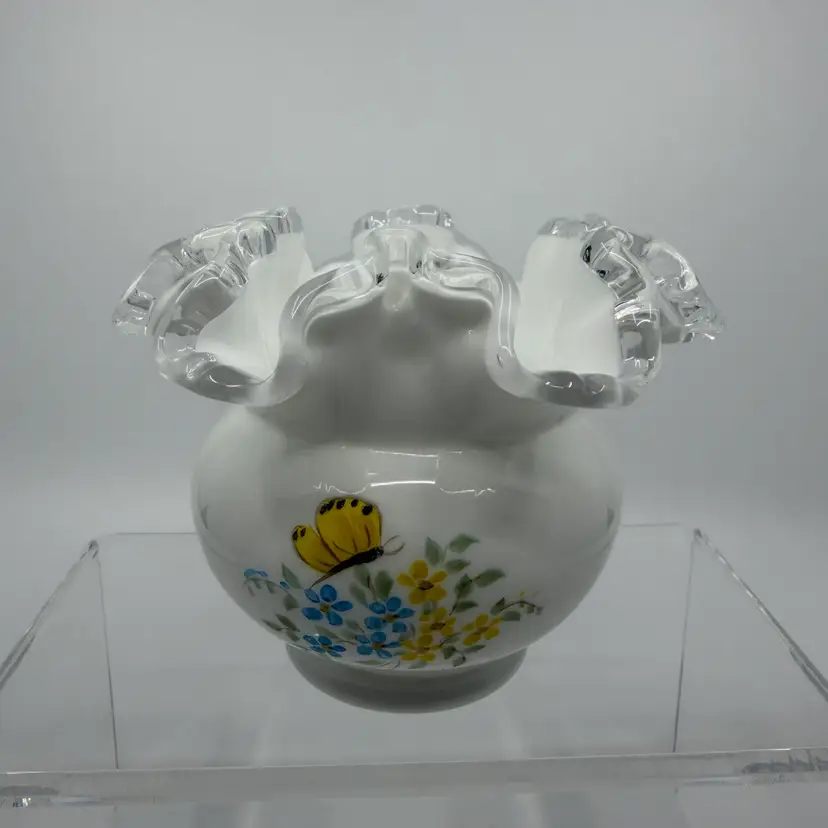 Vintage Fenton Silver Crest Ruffle Edge Signed Hand Painted Butterfly Floral Vase4” Glows