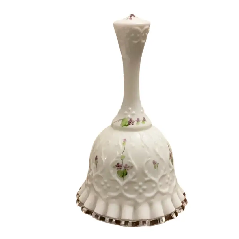 Fenton HP By Kim Blake Violets In Snow On Spanish Lace Milk Glass Bell 6 1/4” X 4”