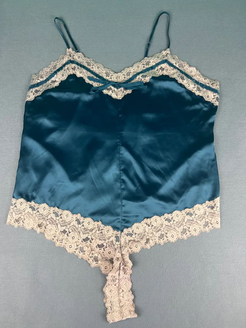 Teal Satin Lace Teddy Lingerie 3X Snap Closure Chemise Bodysuit