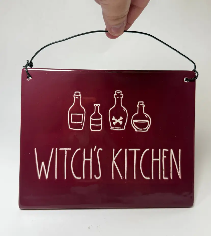 Rae Dunn Witch's Kitchen Burgundy Red Ceramic Wall Sign Plaque Halloween Pottery