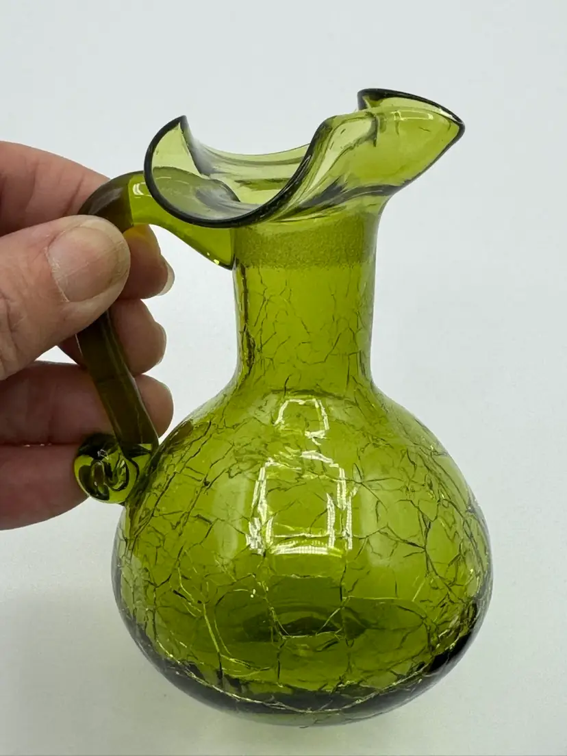 #08. Vintage Green Hand Blown Crackle Art Glass Small Pitcher