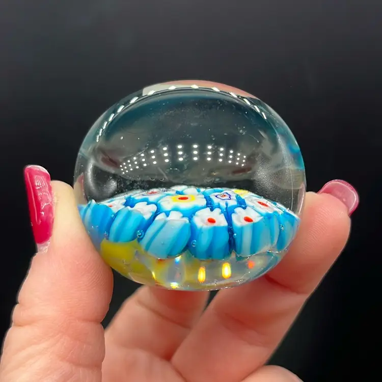 Miniature Millefiori Art Glass Paperweight Blue | 1.75”