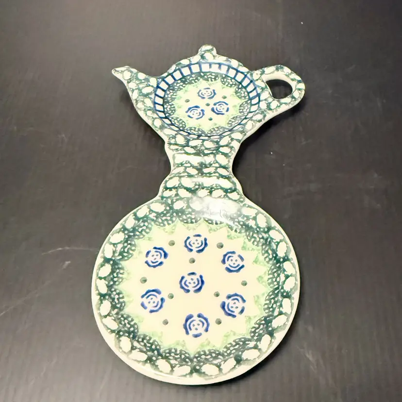Bolwslawiec Pottery Spoon Rest Cup Tea Bag Holder Blue Rose Cream