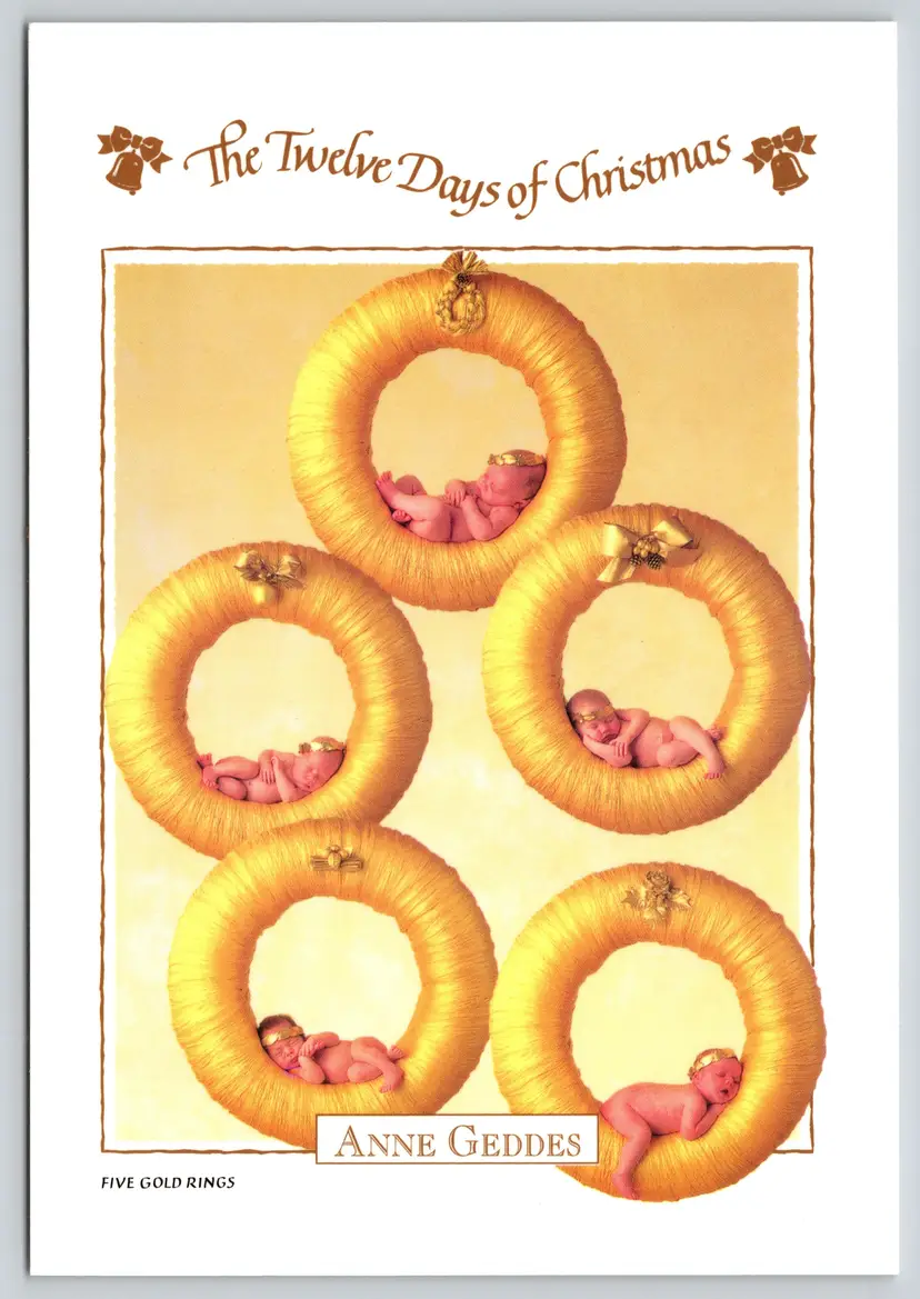 Postcard Five Gold Rings Baby's Twelve Days of Christmas Anne Geddes 1995 - 14563