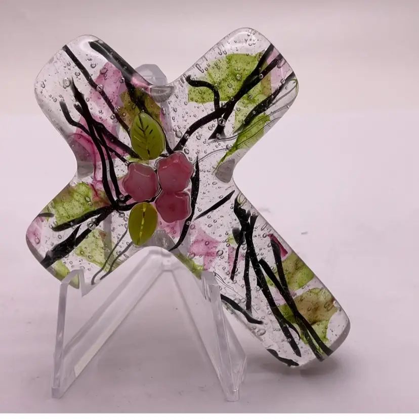 Made by Me! Fused Glass Cross Paperweight Pink & Green 3D Flowers 3” x 2.25” Handcrafted Studio Art