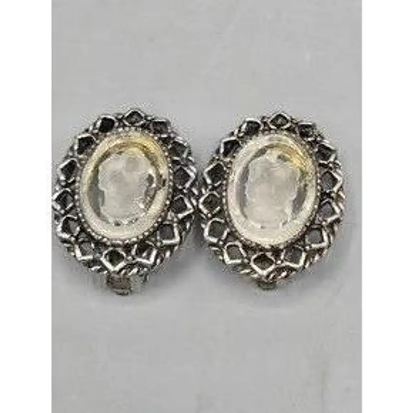 Intaglio Lucite Cameo Clip On Earrings- Victorian