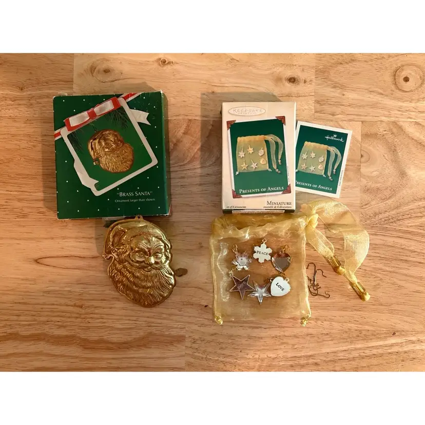 Hallmark Vtg Christmas Ornaments 1983 Brass Santa & 2003 Presents of Angels