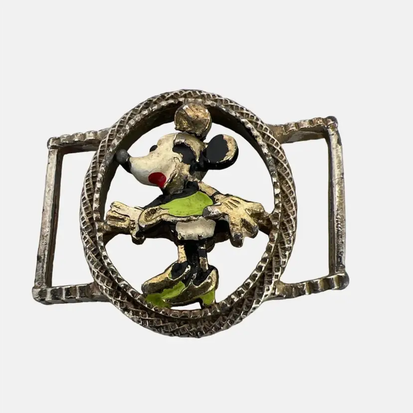 Vintage Minnie Mouse Child / Baby Belt Buckle Enameled Silver Tone Metal 1.25"