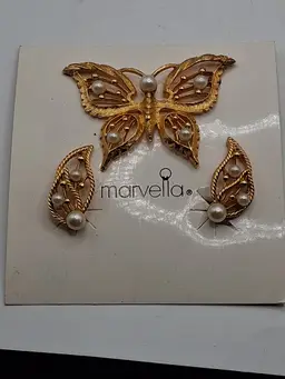 New Old Stock Marvella Gold Tone and Pearl Butterfly Brooch and Earrings