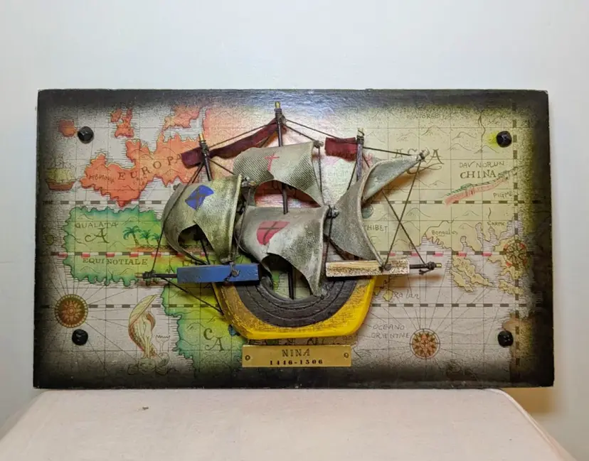 3D Moving Nautical Wall Art - Columbus’ Ship “Nina” (1492) Map in background
