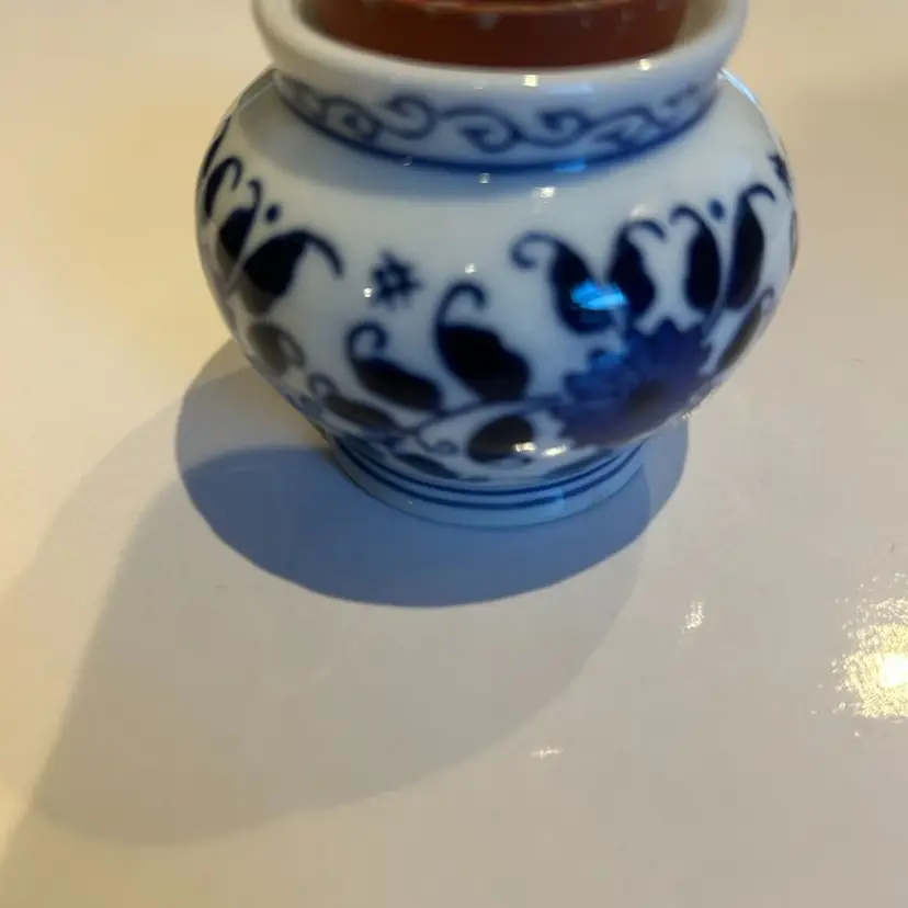 Made In China White/ Blue Vase.   Has Little Pot Possibly For Propagation