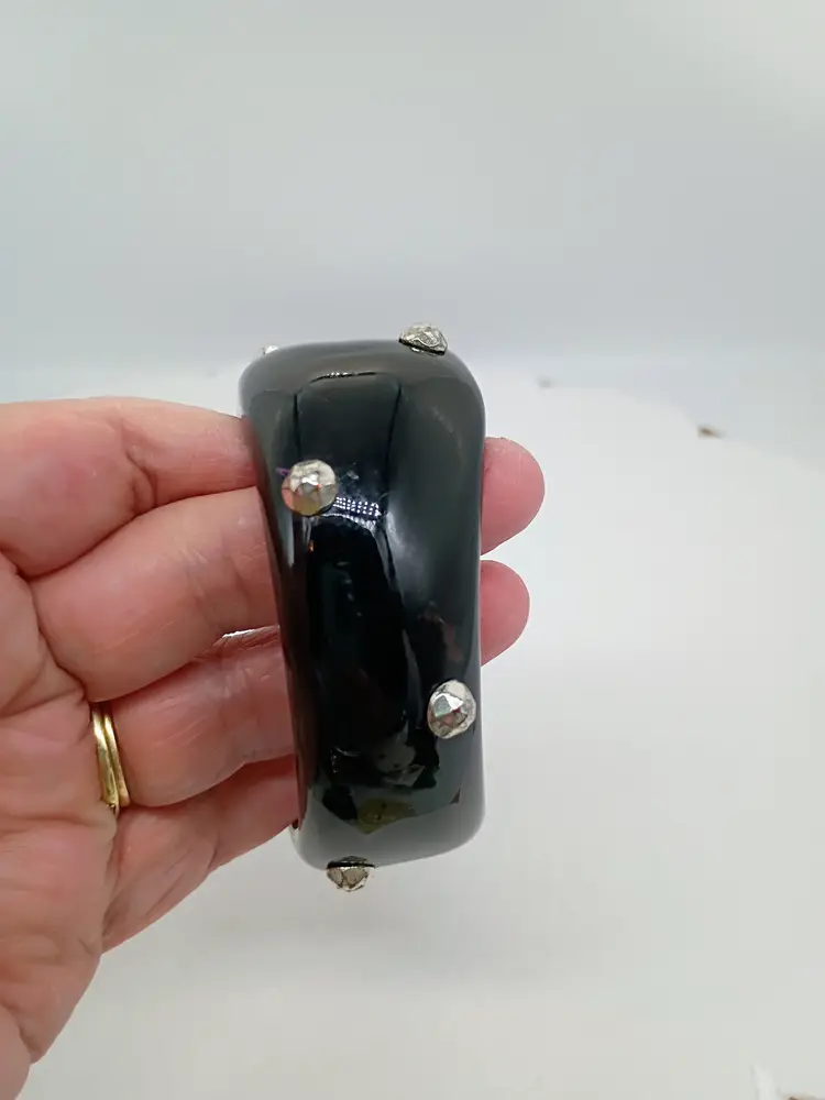 VTG Black Acrylic Chunky Asymmetrical Metal Studded Bangle Bracelet Size Medium