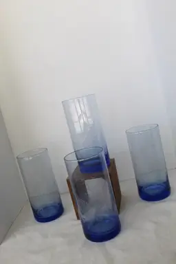 Vintage Blue Glass Tumblers Etched Wheat Drinking Glasses 18 oz Set of 4