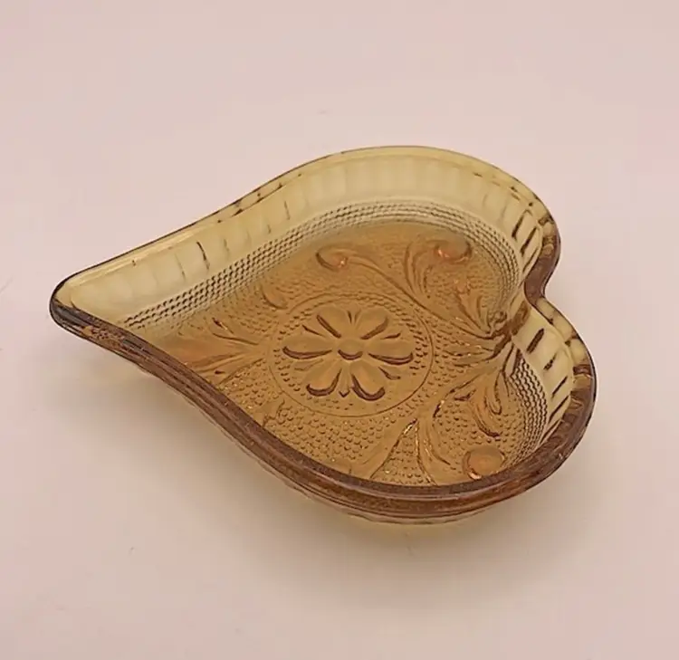Indiana Glass Tiara Amber Sandwich Heart Shaped Trinket Dish