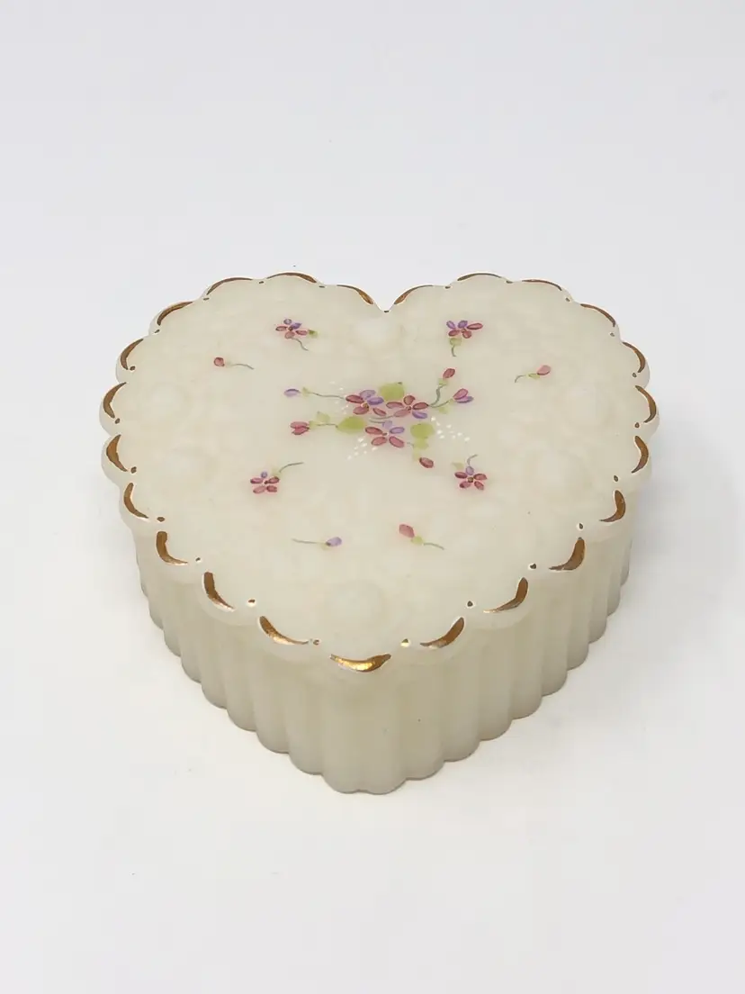 Fenton Pink Blossoms on White Satin Heart Shaped Trinket Box