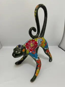 Multicolored, Talavera, Pottery, Monkey, Sculpture, Signed, And Marked, Rarer Animal
