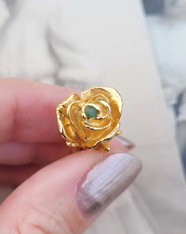 Vintage 18k Gold Plate Genuine Emerald Rose Flower Signed Valentine's Pin Brooch