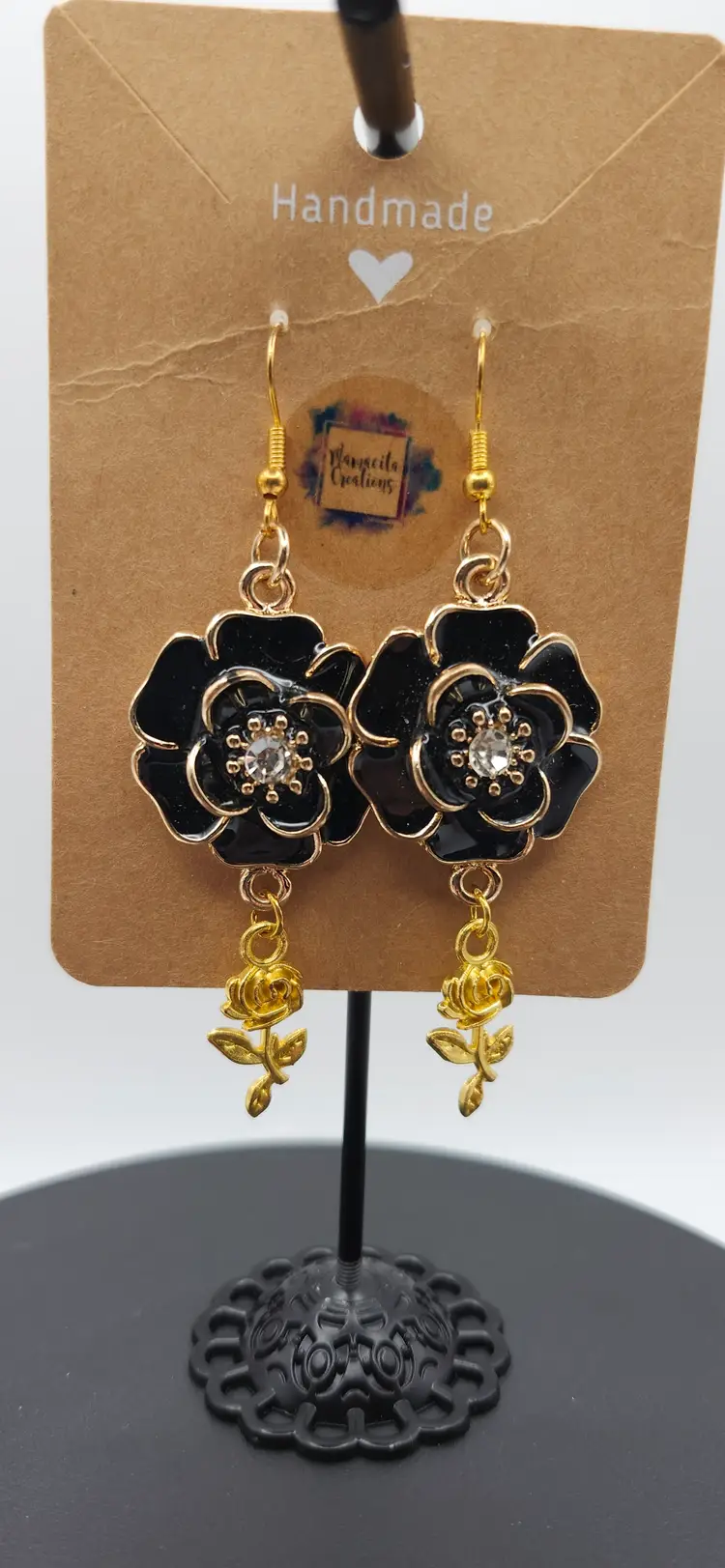 Elegant Black & Gold Rose Drop Earrings- Handmade by me.
