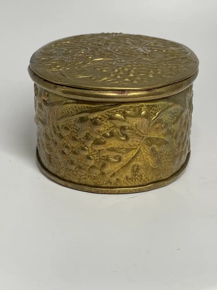 Vintage Brass Oval Box w/ a Grape & Leaf Pattern, 5" Wide