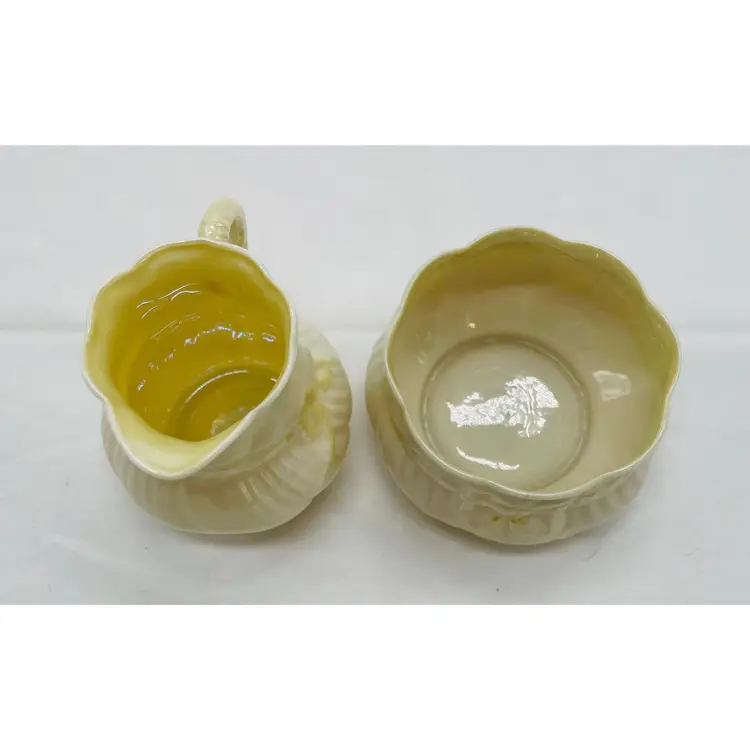 Irish Belleek Yellow Ribbon Bow Creamer & Sugar Bowl 1st Green Mark Antique