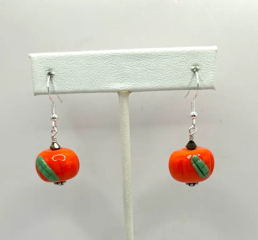 Silver Tone Lampwork Glass Pumpkin Earrings 1.5” Long