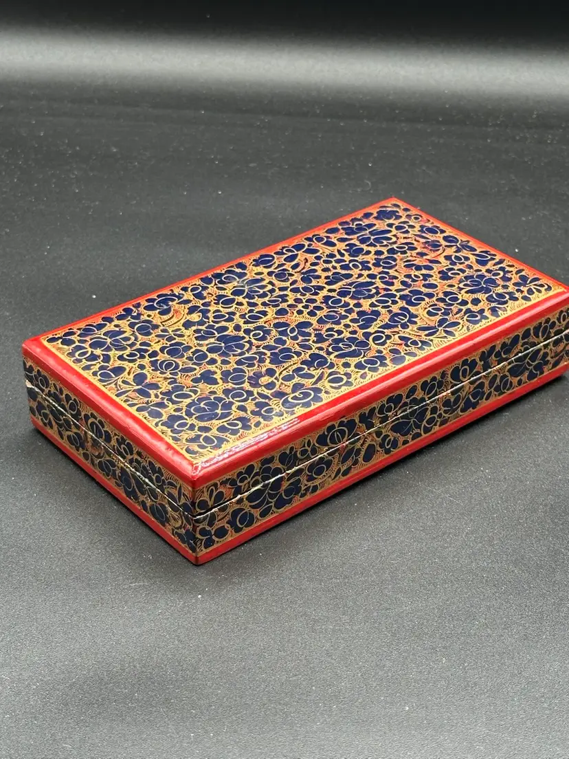 Decorative paper mache box. Hand-painted lacquered wooden box.