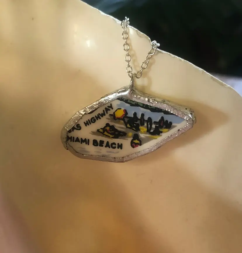 Oodelally Shop Broken Pottery Artisan Made Miami Beach Pendant Florida Collectors Plate Handcrafted Necklace 1 3/8in x 3/4in