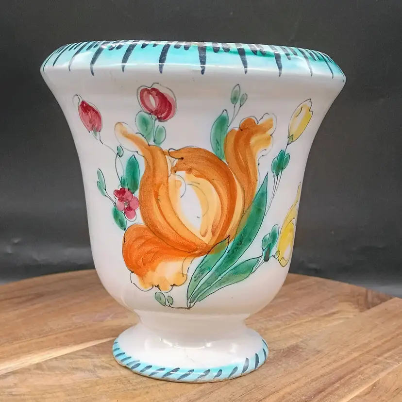 Italian Ceramic Glazed Planter Urn Cachepot Hand Painted Flowers Signed .
