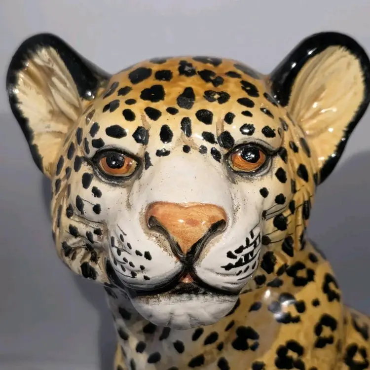 Italian Mid Century Hollywood Regency Majolica Terracotta Leopard Cub Statue