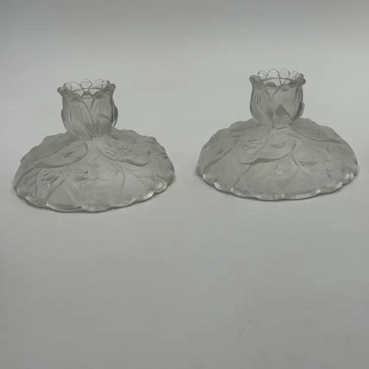 Vintage Fenton Clear Satin Frosted Glass Water Lily Pair Candle Stick Holders