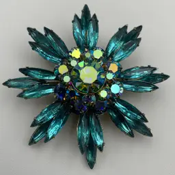 Vintage Costume Jewelry Judith Lee Brooch with Blue Rhinestones