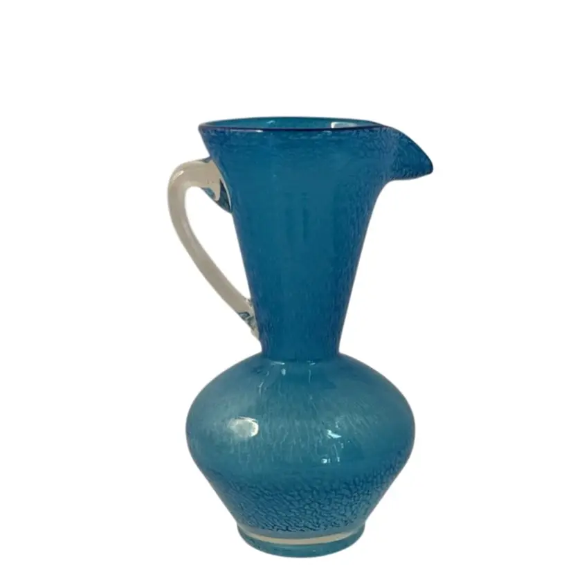 Lefton Japan Turquoise Blue Blown Glass Pitcher Bud Vase 1950s
6.25” T